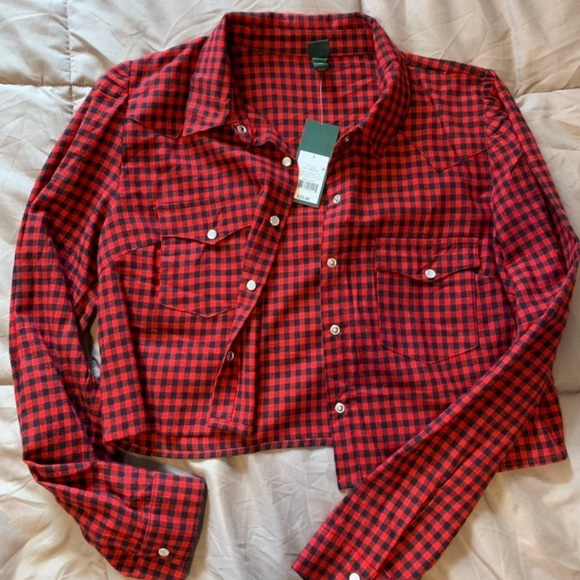 wild fable Tops - Plaid Crop Button-down